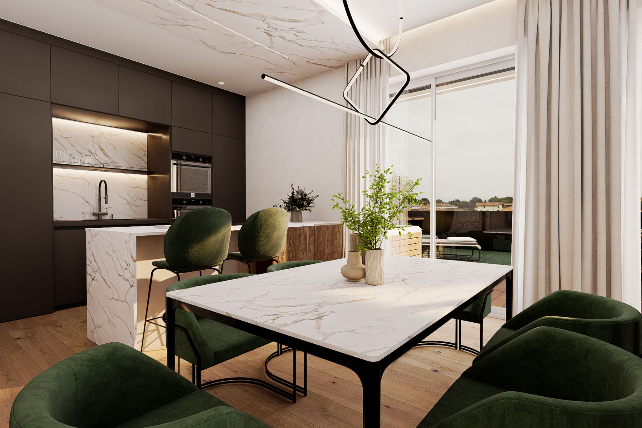 Attico Novara Veveri – Cucina con isola e zona pranzo