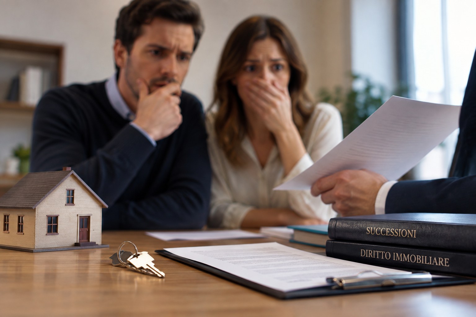 Coppia preoccupata davanti ai documenti di una casa ereditata durante una compravendita