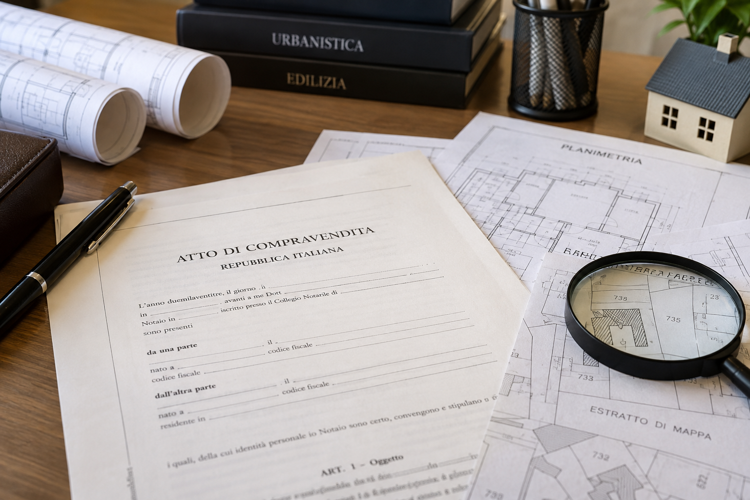 Atto di compravendita, planimetrie ed estratto di mappa sulla scrivania: la verifica dell’atto di provenienza prima della vendita