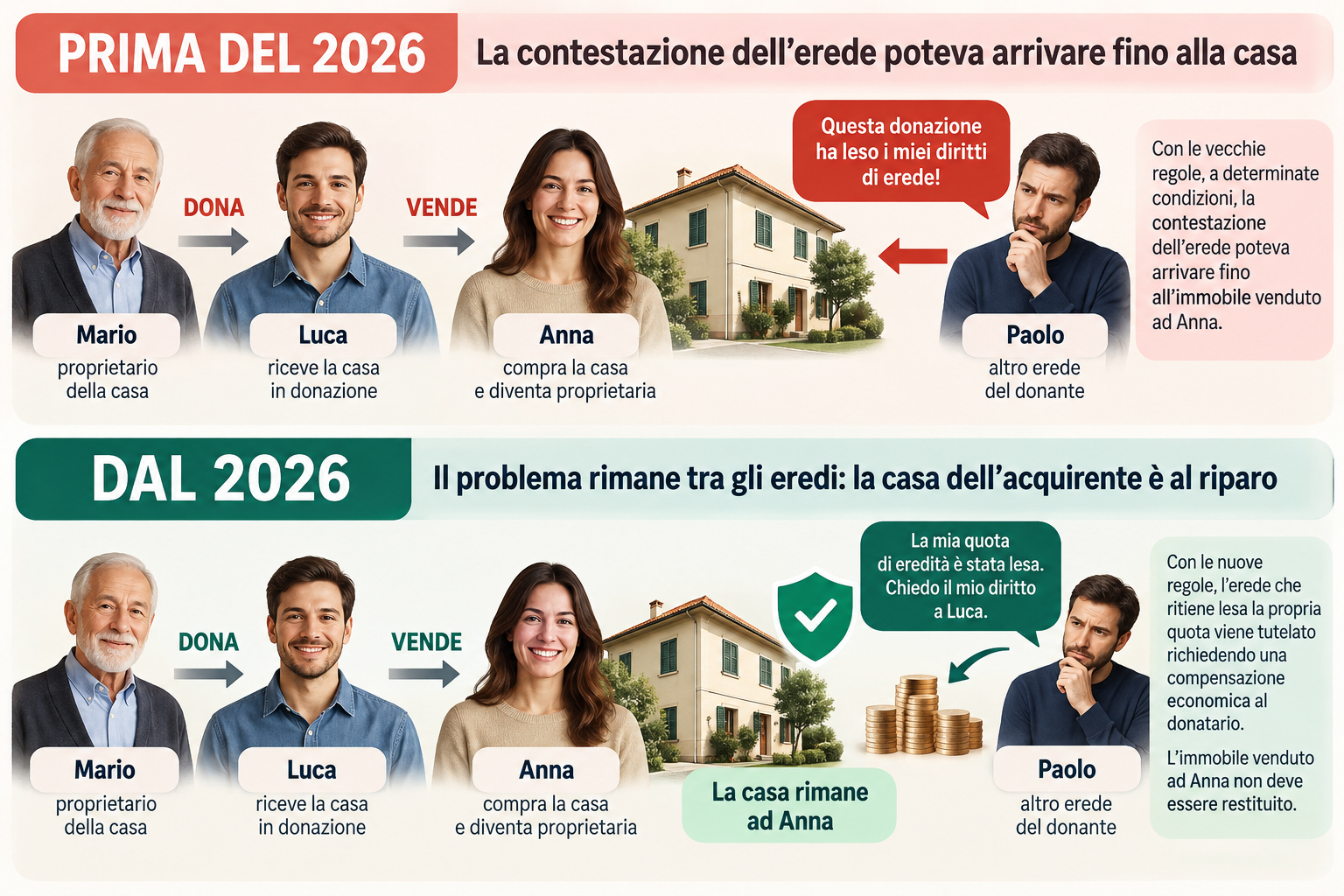 Prima e dopo la riforma: prima la contestazione dell’erede poteva arrivare fino alla casa venduta, dal 2026 l’erede chiede una compensazione economica al donatario e la casa resta all’acquirente