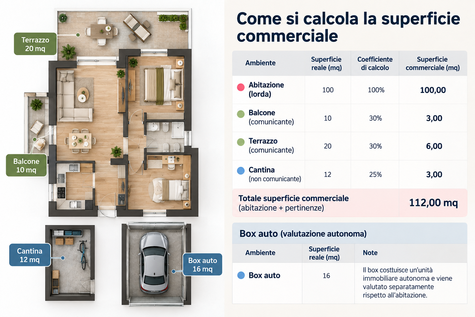 Esempio di calcolo della superficie commerciale: abitazione 100 mq al 100%, balcone e terrazzo comunicanti al 30%, cantina non comunicante al 25%, totale 112 mq; box auto valutato a parte