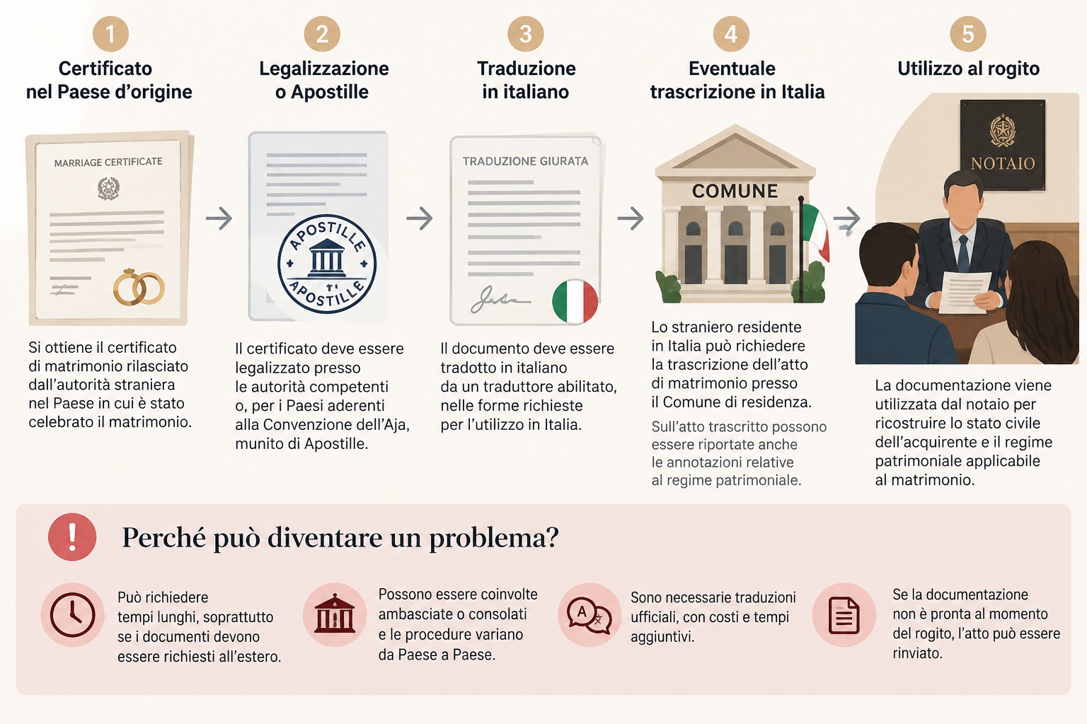 I cinque passaggi per usare in Italia un certificato di matrimonio straniero: certificato nel Paese d’origine, legalizzazione o Apostille, traduzione in italiano, eventuale trascrizione in Comune e utilizzo al rogito