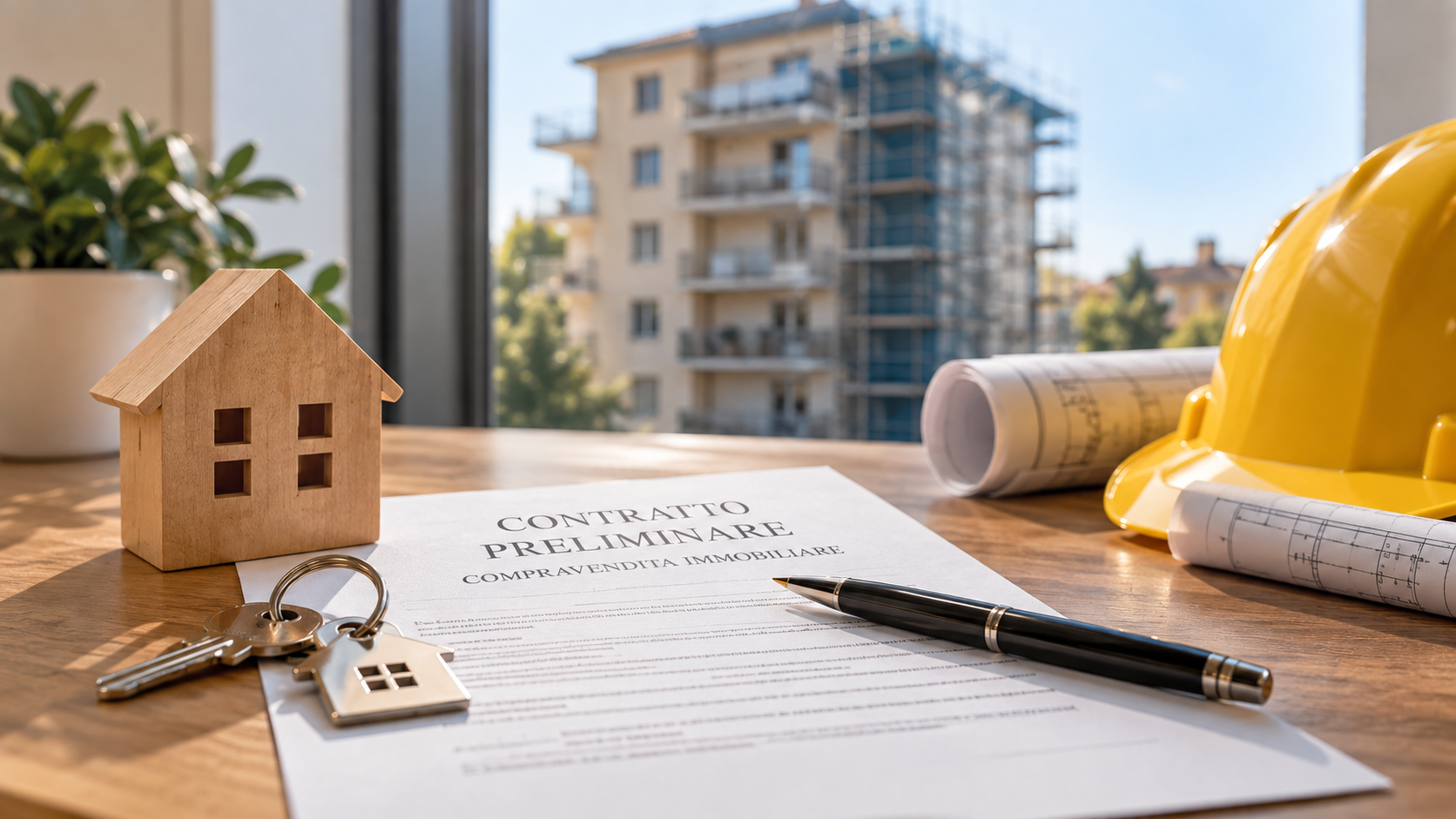 Contratto preliminare di compravendita e palazzo con ponteggi per lavori condominiali