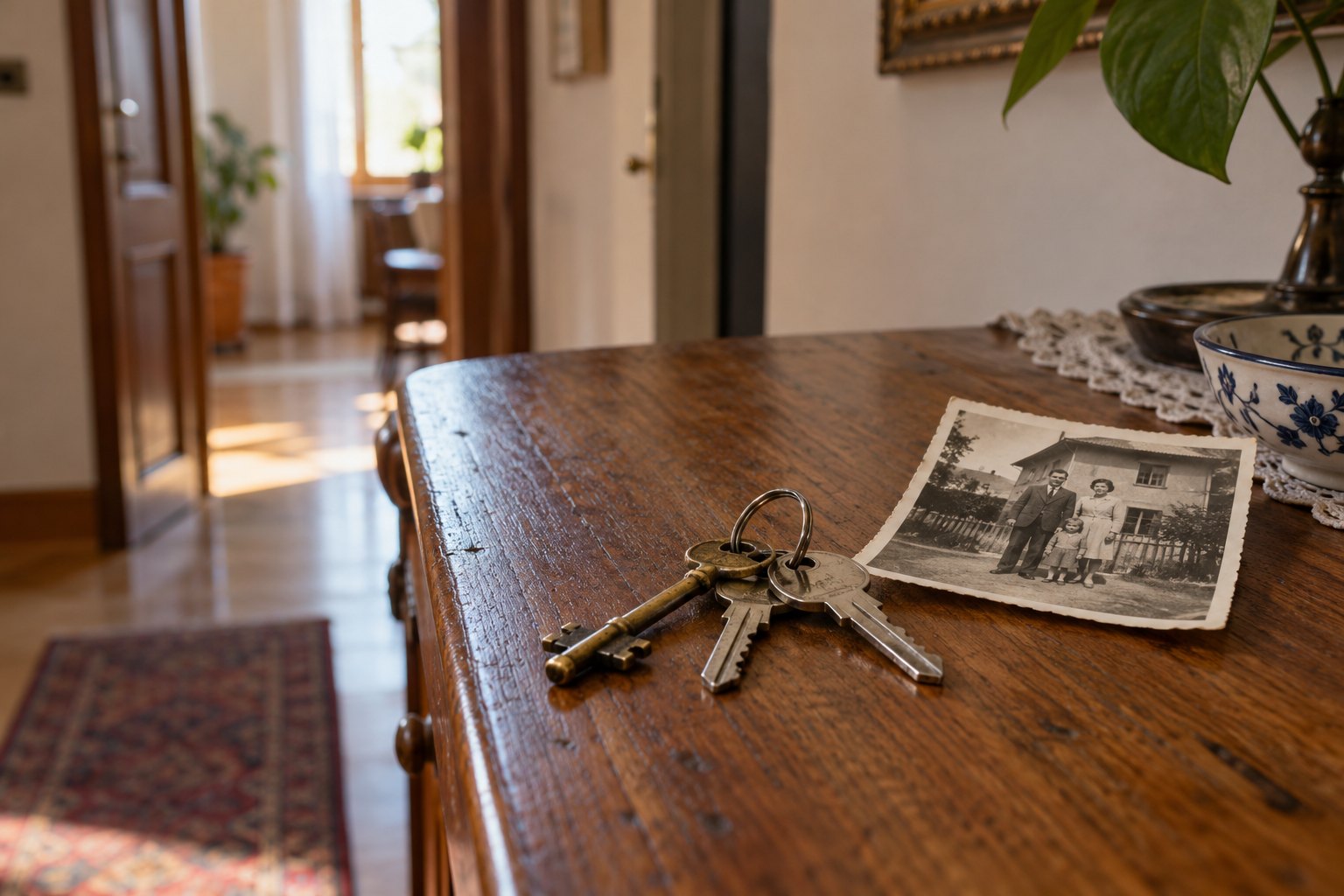 Mazzo di chiavi e una vecchia fotografia di famiglia appoggiati sul cassettone di legno nell’ingresso di una casa ereditata.