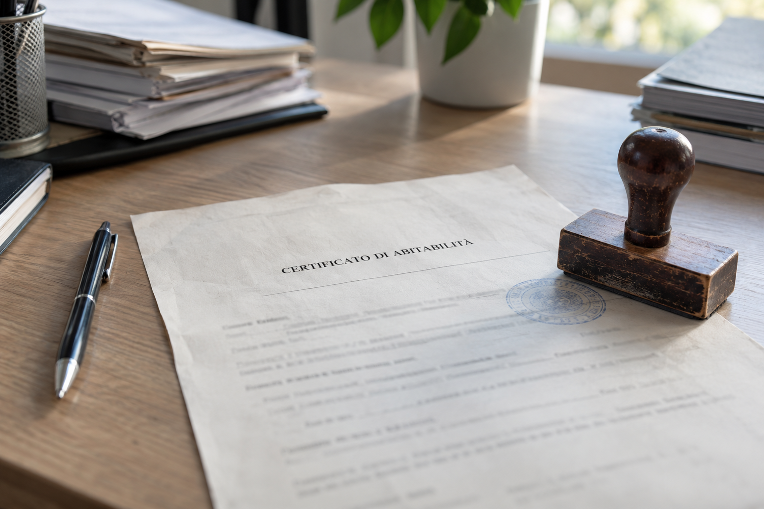 Certificato di abitabilità appoggiato su una scrivania, con un timbro in legno, una penna e pile di pratiche sullo sfondo.