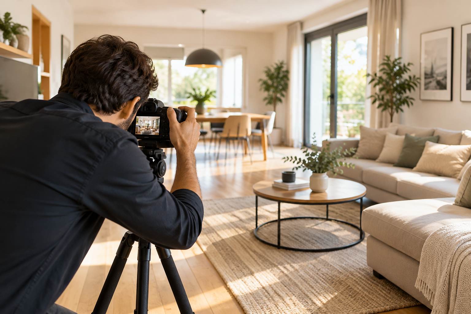Fotografo che scatta le foto di un soggiorno luminoso per l'annuncio di vendita di una casa