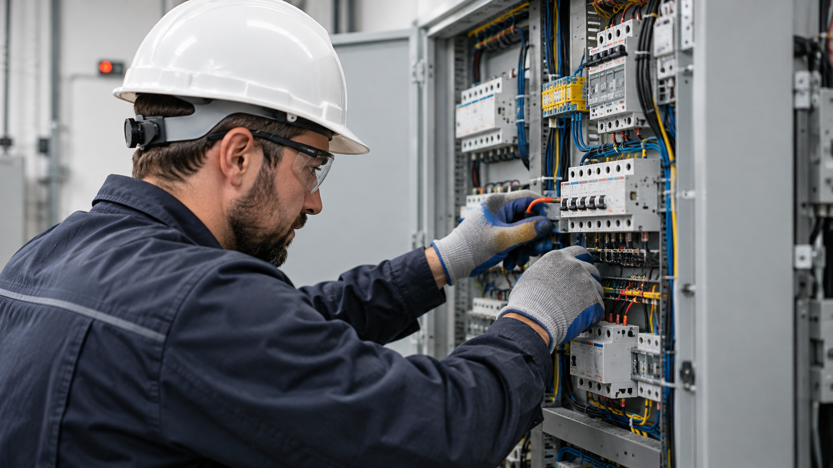 Elettricista che interviene sul quadro elettrico di un impianto